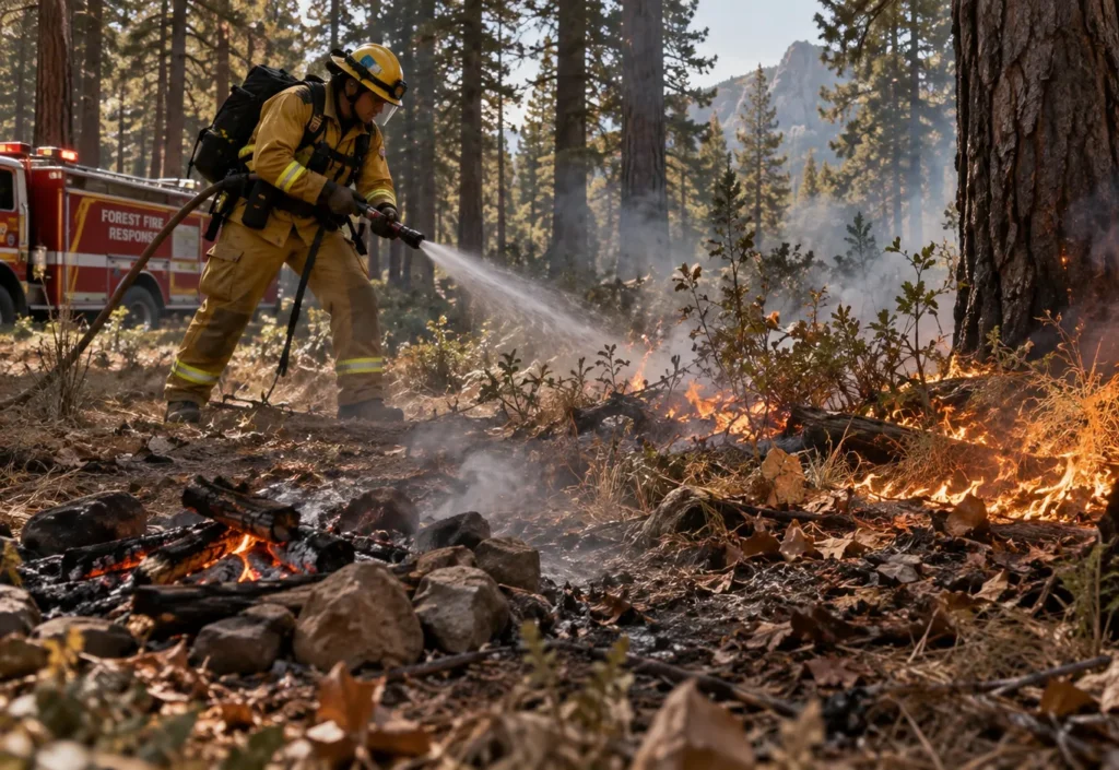 Bombero atendiendo un incendio forestal